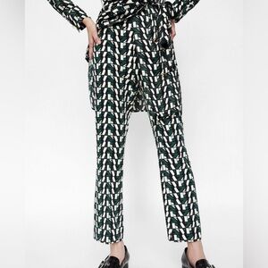 ZARA BASIC GREEN OFF-WHITE BLACK PATTERN FLAT FRONT SIDE ZIP FLARE PANTS LARGE